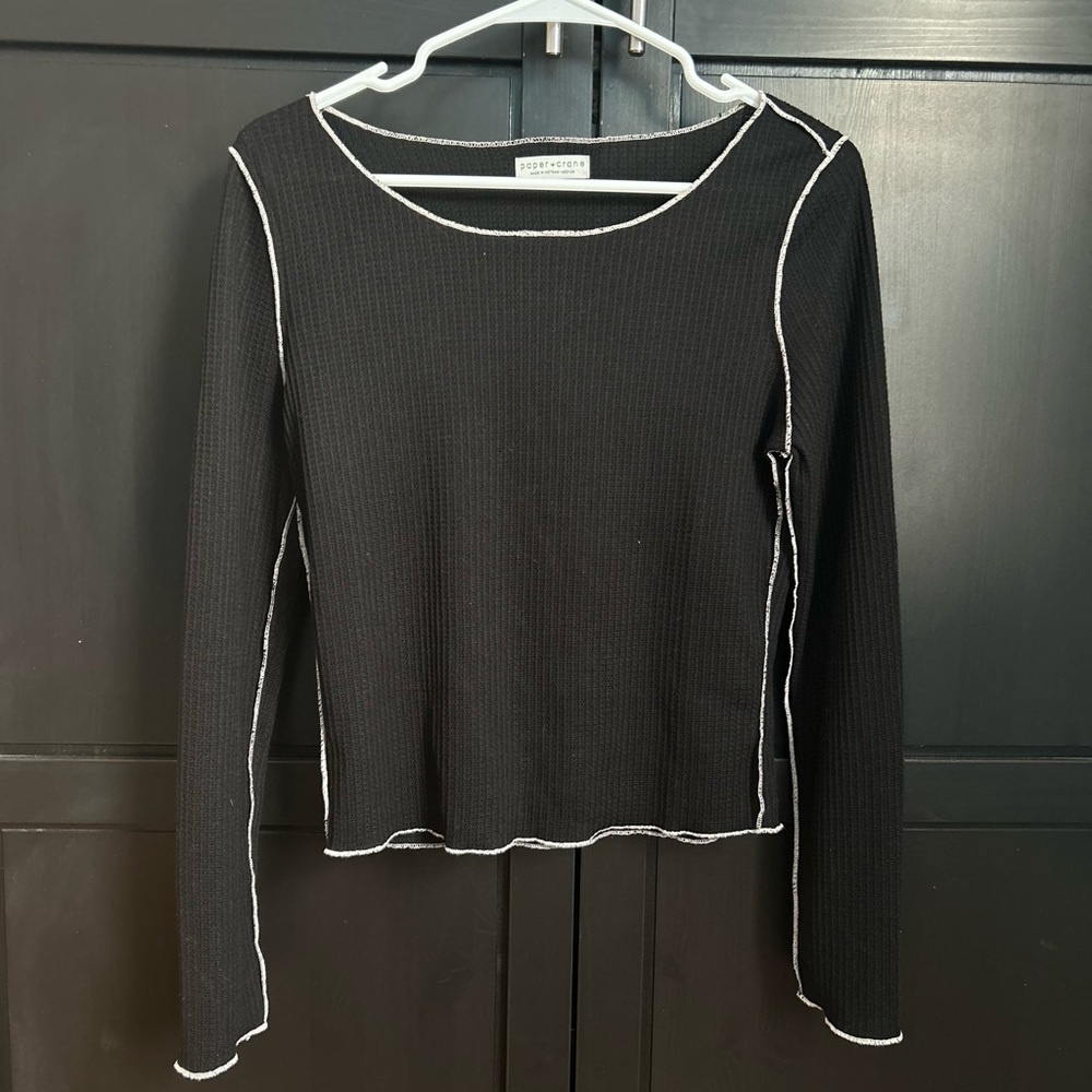 Paper Crane Black Long Sleeve Top with White Stitching